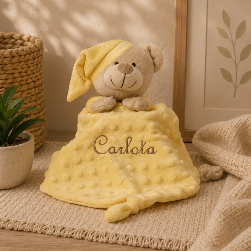 doudou amarillo nombre bordado osito tela topos