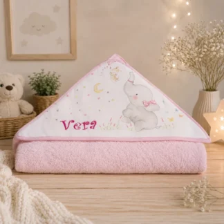 capa de baño de bebe rosa bordada con nombre