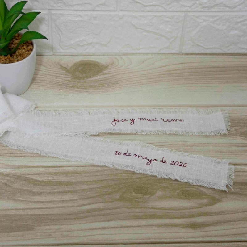 lazo para ramo de novia personalizado bordado en tela de lino